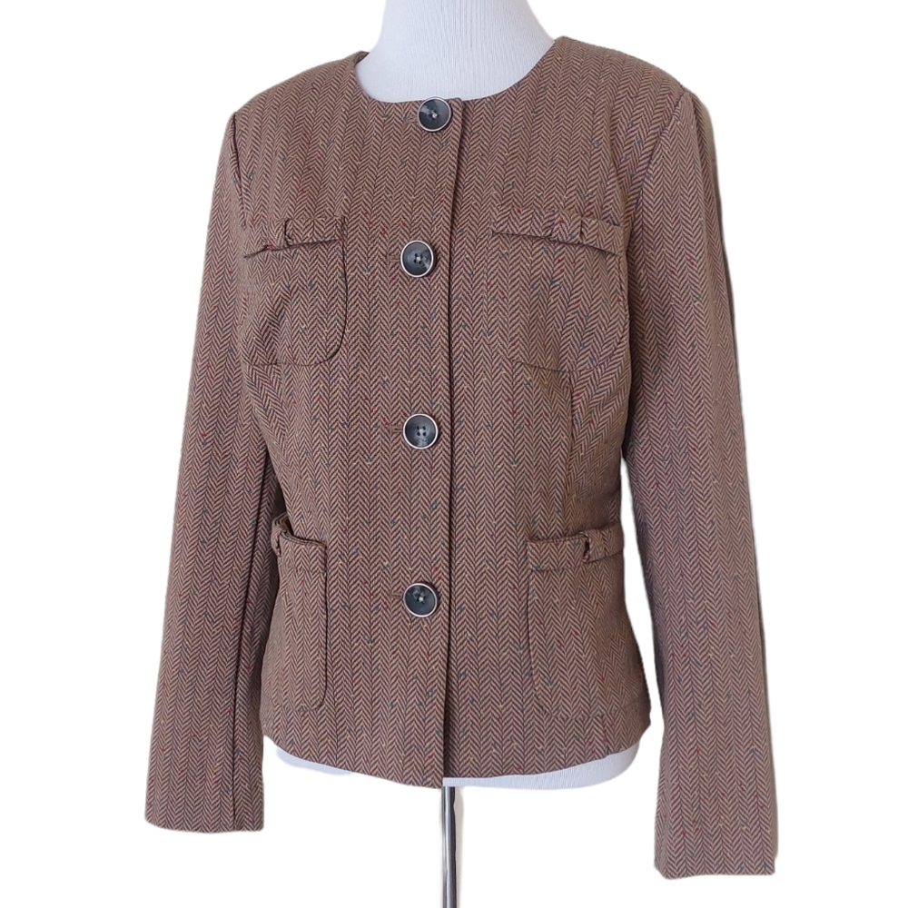 CAbi Brown Herringbone Pattern Penny Blazer Cotton Blend Jacket Womens Small